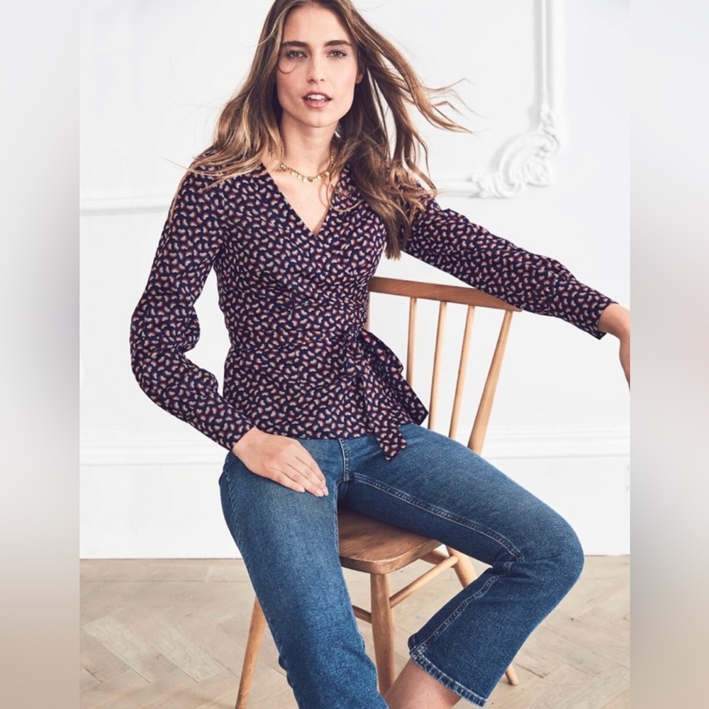 Boden Wrap Blouse Top Long Sleeve Rainbow print Navy Size 6 P